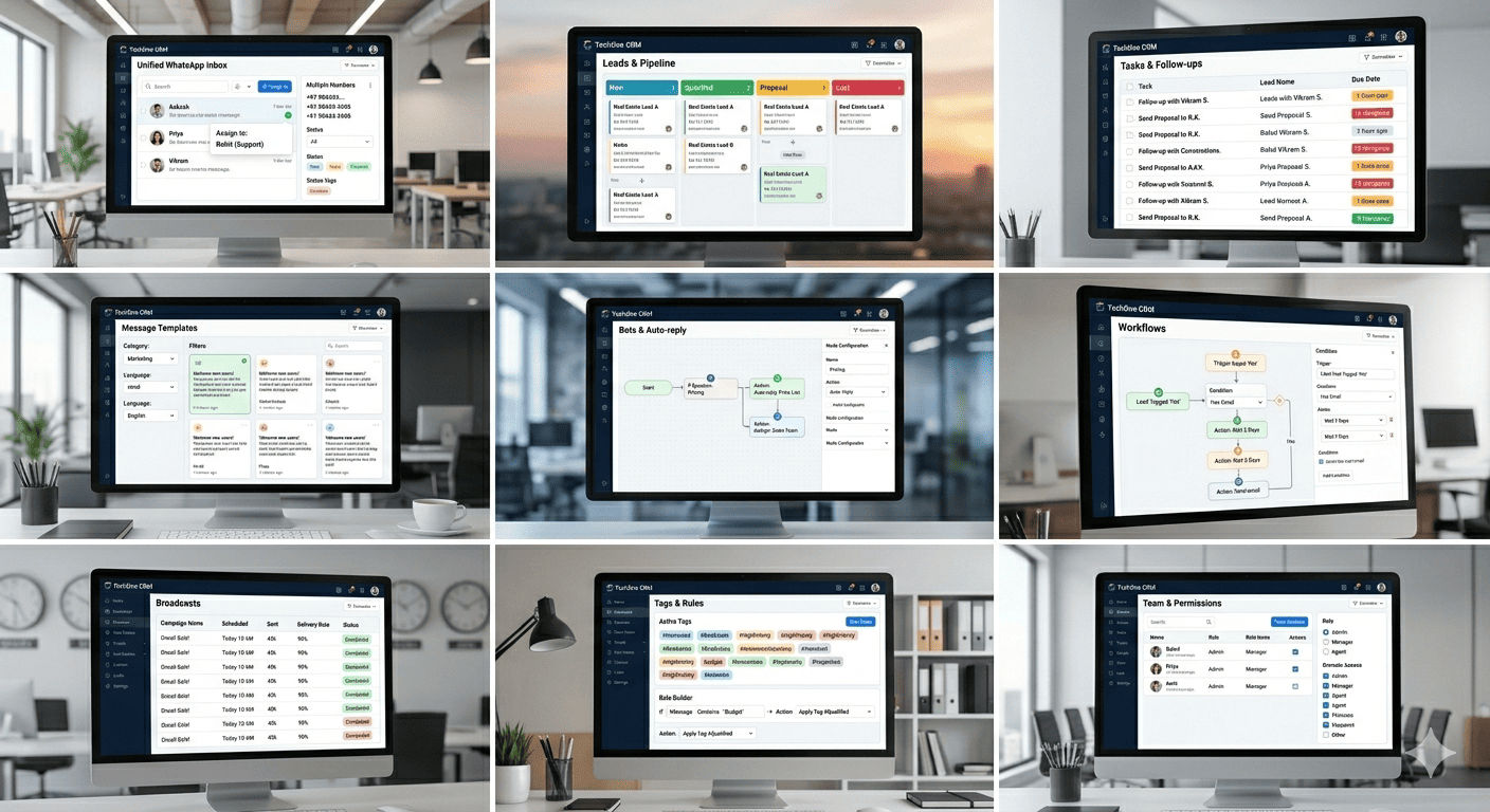 TechOne CRM features: WhatsApp inbox, leads, tasks, templates, bots, workflows, broadcasts, tags, and team permissions